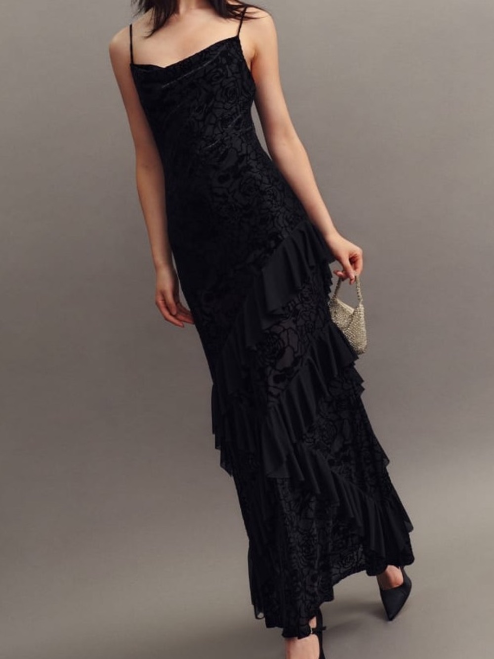 Reformation Black Mesh/Velvet Floral Slip Dress